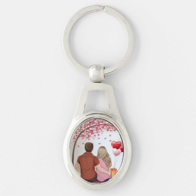 Romantic Couple Under Heart Tree Custom Keychain Ovalt Silverfärgad Nyckelring (Framsidan)