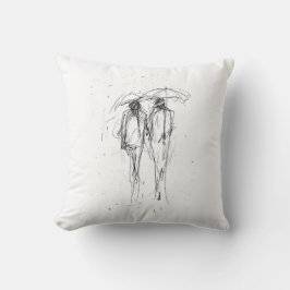 Romantic Couple Walking in Rain with Umbrellas Kudde