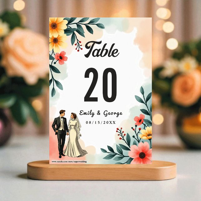 Romantic Couple Watercolor Floral Summer Wedding Bordsnummer (Skapare uppladdad)