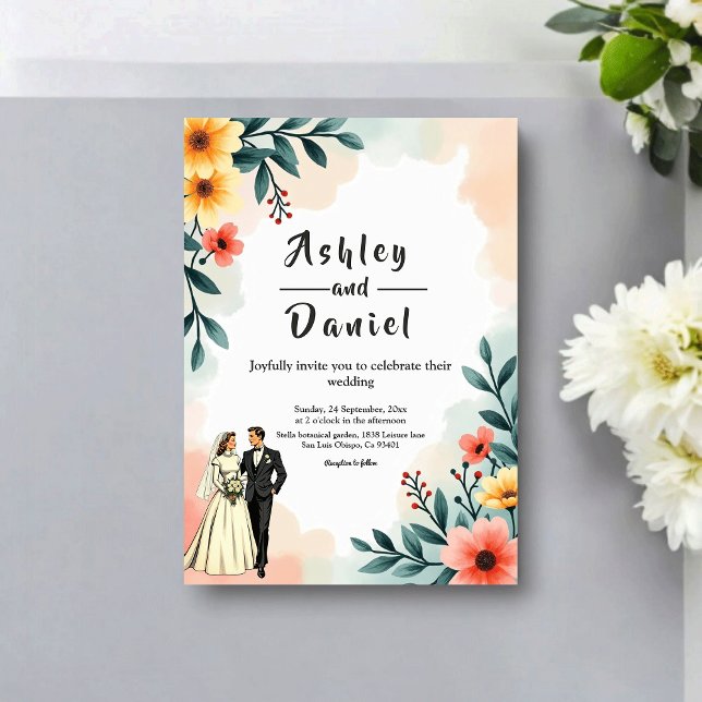 Romantic Couple Watercolor Floral Summer Wedding Inbjudningar (Skapare uppladdad)