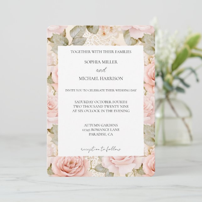 Romantic Cream Blush Pink Rose Floral Wedding Inbjudningar (Stående Fram)