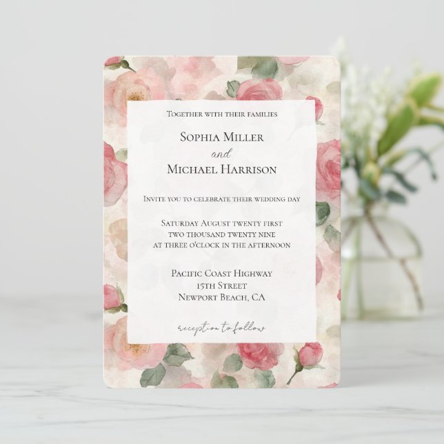 Romantic Cream Blush Pink Roses Floral Wedding Inbjudningar (Stående Fram)