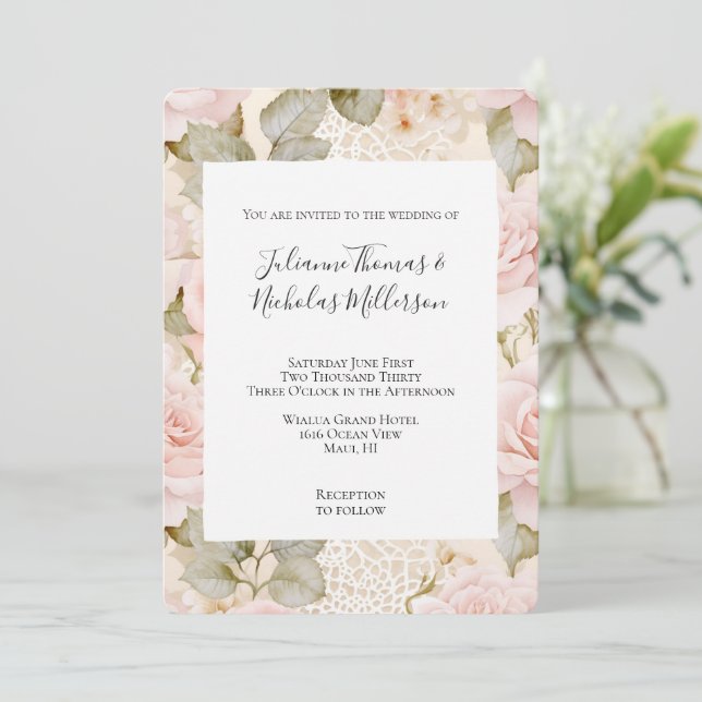 Romantic Cream Blush Pink Roses Floral Wedding Inbjudningar (Stående Fram)
