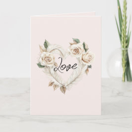 Romantic Cream Blush Roses Feathers Floral Heart Kort