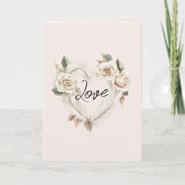 Romantic Cream Blush Roses Feathers Floral Heart Kort (Framsida)