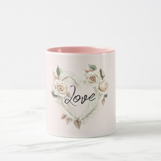 Romantic Cream Blush Roses Feathers Floral Heart Mugg (Center)