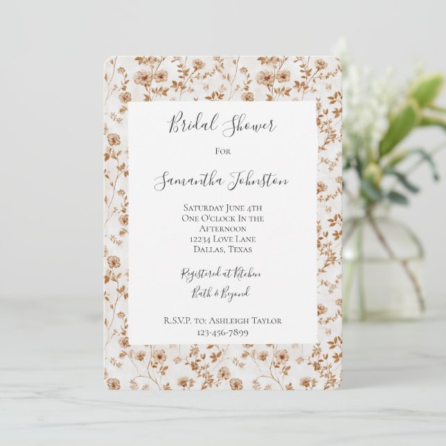 Romantic Cream Brown Floral Bridal Shower Inbjudningar (Stående Fram)