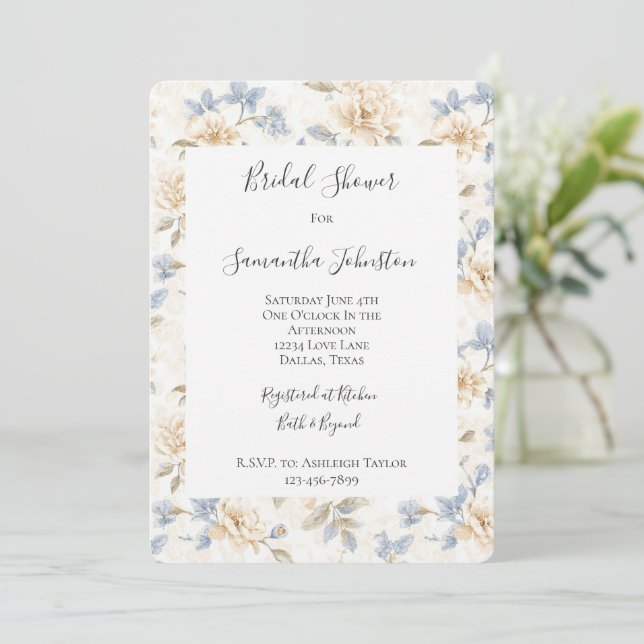 Romantic Cream Floral Blue Leaves Bridal Shower Inbjudningar (Stående Fram)