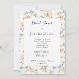 Romantic Cream Floral Blue Leaves Bridal Shower Inbjudningar