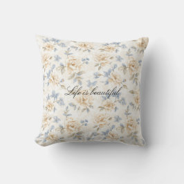 Romantic Cream Floral Blue Leaves Kudde