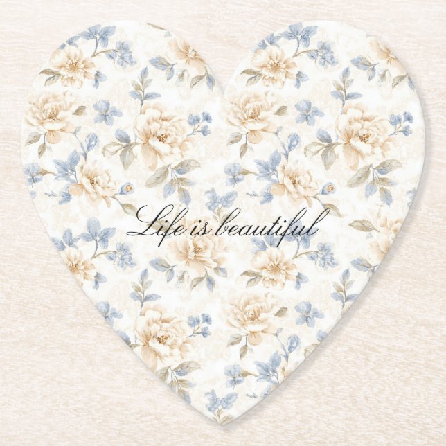 Romantic Cream Floral Blue Leaves Underlägg Papper (Framsida)
