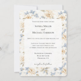 Romantic Cream Floral Blue Leaves Wedding Inbjudningar