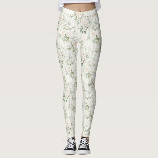 Romantic Cream Floral Stripes Leggings (Framsida)