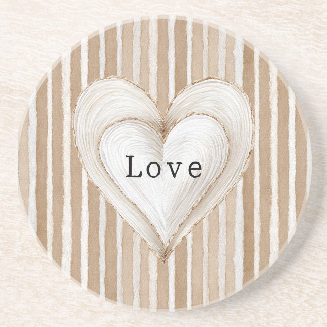 Romantic Cream Heart Brown Stripes Love Underlägg (Framsidan)