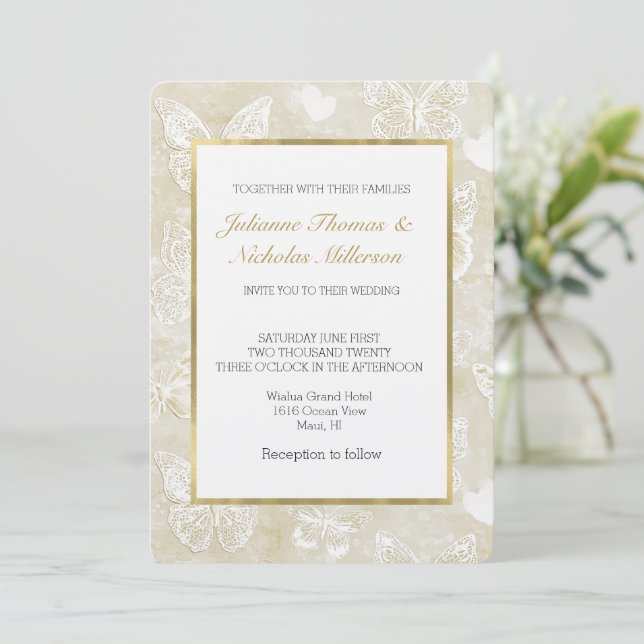 Romantic Cream Ivory Butterflies Hearts Wedding Inbjudningar (Stående Fram)
