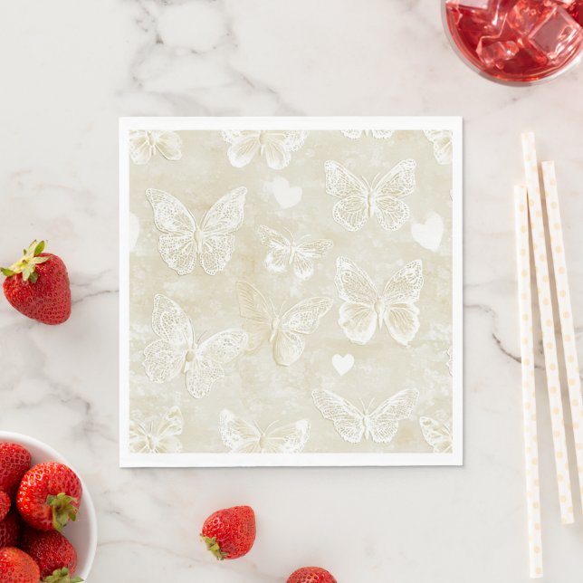 Romantic Cream Ivory Butterflies Hearts Wedding Pappersservett (Insitu)