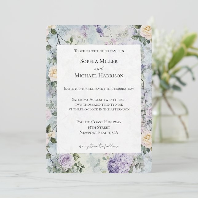 Romantic Cream lila blommor Bröllop Inbjudningar (Stående Fram)