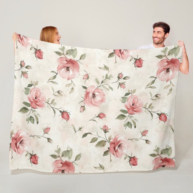 Romantic Cream Pink Roses Floral  Fleecefilt (På plats)