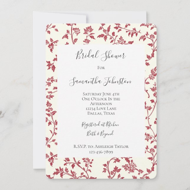 Romantic Cream Red Leaves Bridal Shower Inbjudningar (Framsida)