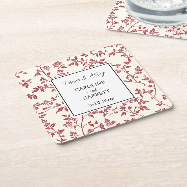 Romantic Cream Red Leaves Wedding Underlägg Papper Kvadrat (Vinklad)