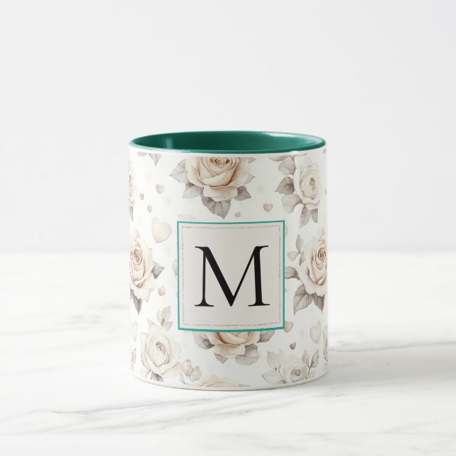 Romantic Cream Rose Floral Monogram Mugg (Center)