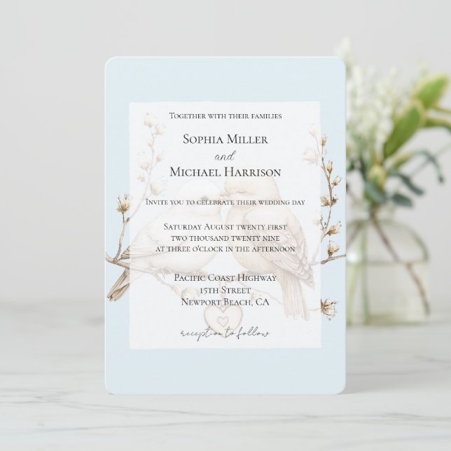 Romantic Cream White Love Birds Heart Wedding Inbjudningar (Stående Fram)