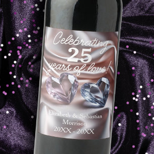 Romantic Crystal Hearts 25:e Bröllop-årsdagen Vinflaska Etikett