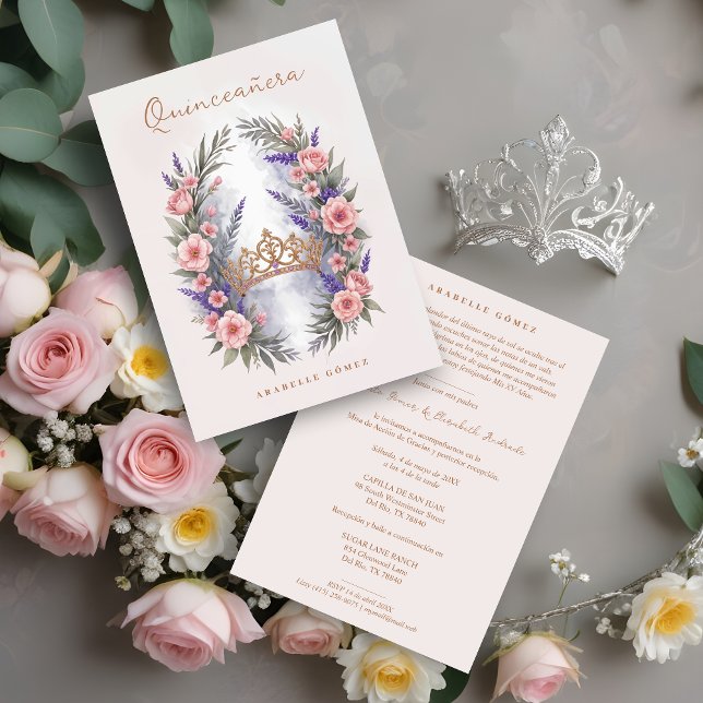Romantic Cute Quinceañera Princess Tiara in Bloom Inbjudningar (Romantic Cute Quinceañera Princess Tiara in Bloom Garland Invitation Card. )