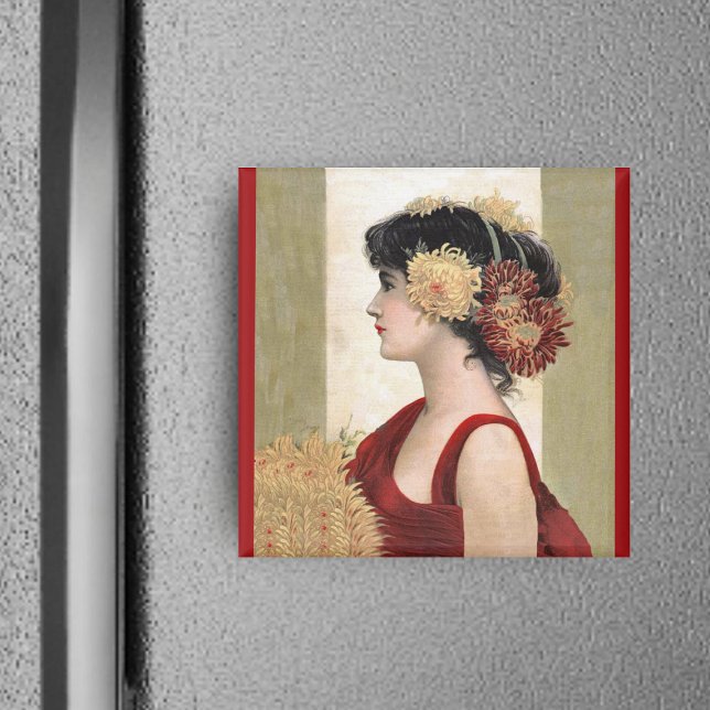 Romantic Dam i Red Magnet (Pretty vintage lady red dress with flowers on hair on white, red and tan square magnet.)