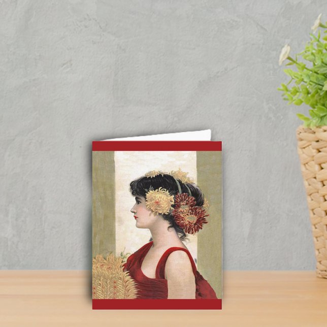 Romantic Dam i Rött anteckningskort (Vintage lady flowers in hair in red dress on gold and white note card.)