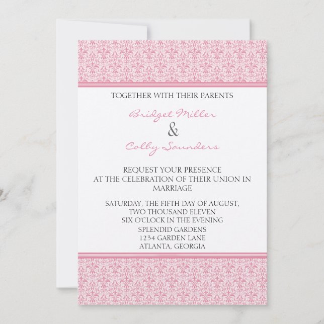 Romantic Damask Wedding Inbjudan, Petal Rosa Inbjudningar (Framsida)