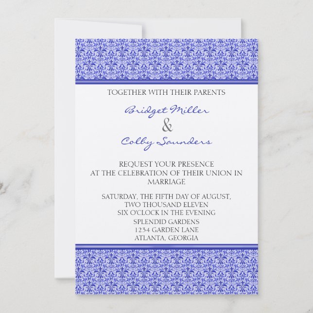 Romantic Damask Wedding Inbjudan, Royal Blue Inbjudningar (Framsida)