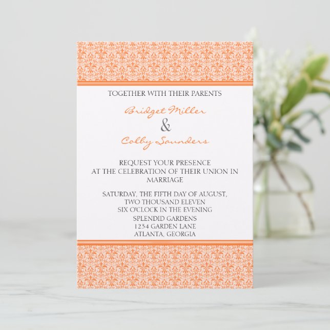 Romantic Damask Wedding Inbjudan, Tangerine Inbjudningar (Stående Fram)