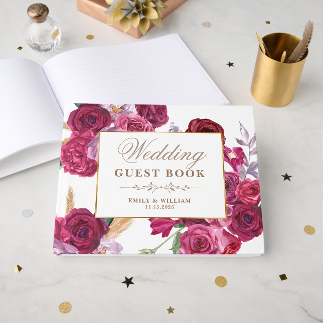 Romantic Dark Moody Burgundy Maroon Floral Wedding Gästböcker (Framsida Öppen)