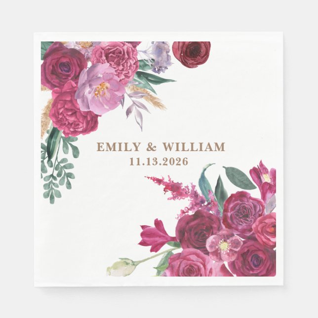 Romantic Dark Moody Burgundy Maroon Floral Wedding Pappersservett (Framsidan)