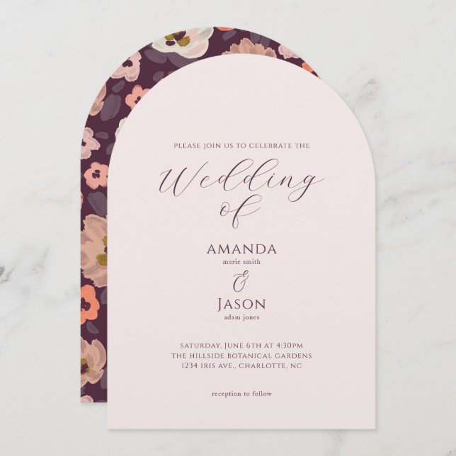 Romantic dark plum purple fall floral wedding inbjudningar (Fram/baksida)