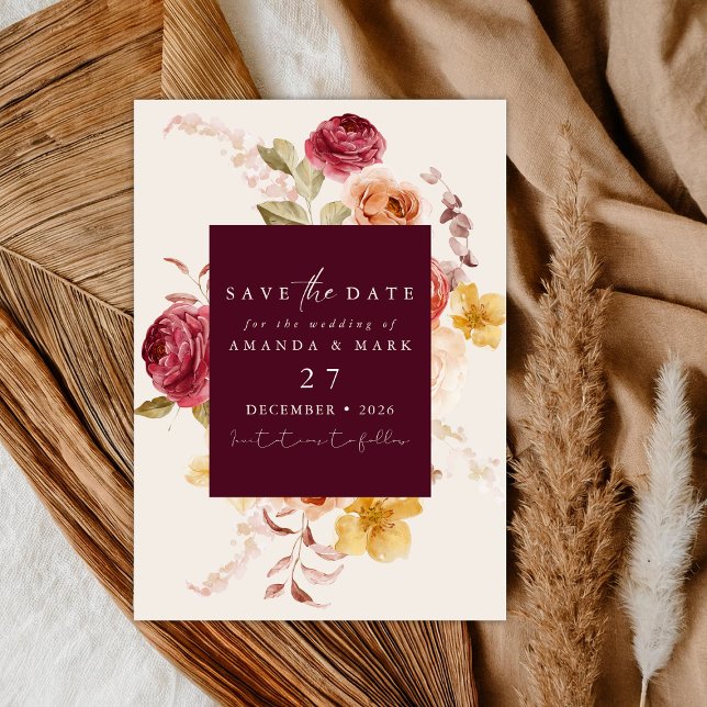 Romantic Deep Burgundy Floral Save the date  Inbjudningar (Skapare uppladdad)