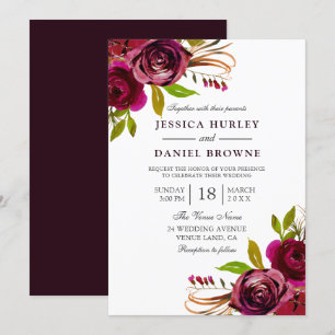 Romantic Deep Burgundy Röd ros Bröllop Inbjudningar