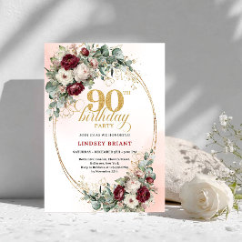 Romantic Deep Red Floral Gold 90th Birthday Invite Inbjudningar