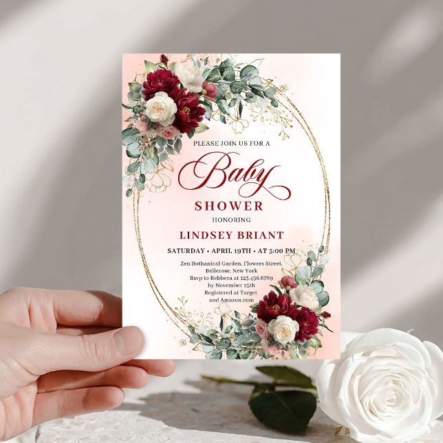 Romantic Deep Red Peony Baby Shower Invitation Inbjudningar (Romantic Deep Red Peony Baby Shower Invitation)