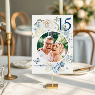 Romantic Dusty Blue Blommigt Bröllop Photo Bordsnummer
