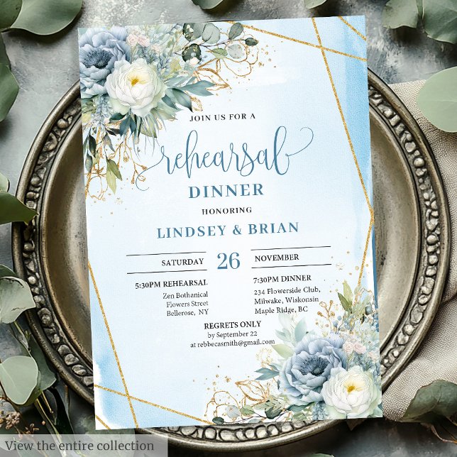 Romantic Dusty Blue Blommigt Guld Glitter Middag Inbjudningar (Romantic Dusty Blue Floral Gold Glitter Dinner Card)