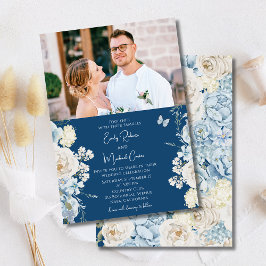 Romantic Dusty Blue Blommigt Photo Bröllop Inbjudningar