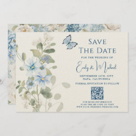 Romantic Dusty Blue Blommigt QR Code Bröllop Spara Datumet