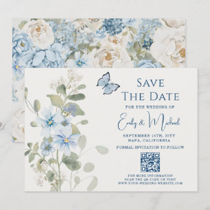 Romantic Dusty Blue Blommigt QR Code Bröllop Spara Datumet
