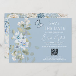 Romantic Dusty Blue Blommigt QR Code Bröllop Spara Datumet