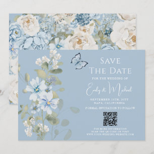 Romantic Dusty Blue Blommigt QR Code Bröllop Spara Datumet