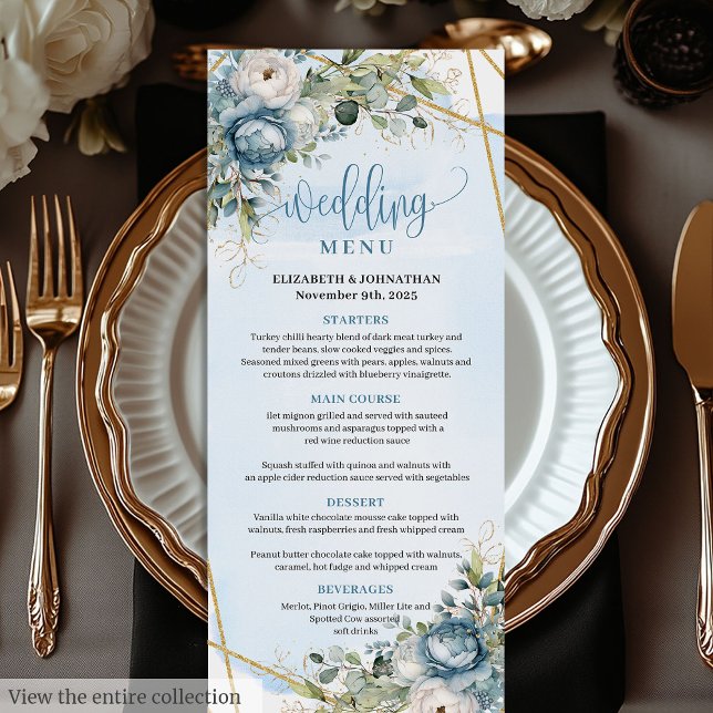 Romantic Dusty Blue Eucalyptus Lövs Bröllop Menu Meny (Romantic Dusty Blue Eucalyptus Leaves Wedding Menu)