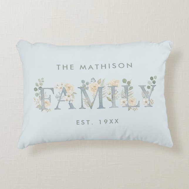 Romantic Dusty Blue Floral Family Monogram MH26 Prydnadskudde (Framsidan)