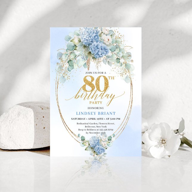 Romantic Dusty Blue Floral Gold 80th Birthday Inbjudningar (Romantic Dusty Blue Floral Gold 80th Birthday Invite)